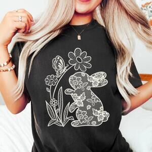S Floral Easter Bunny Tshirt, Lace Easter Tee, Aesthetic Easter Top, Easter